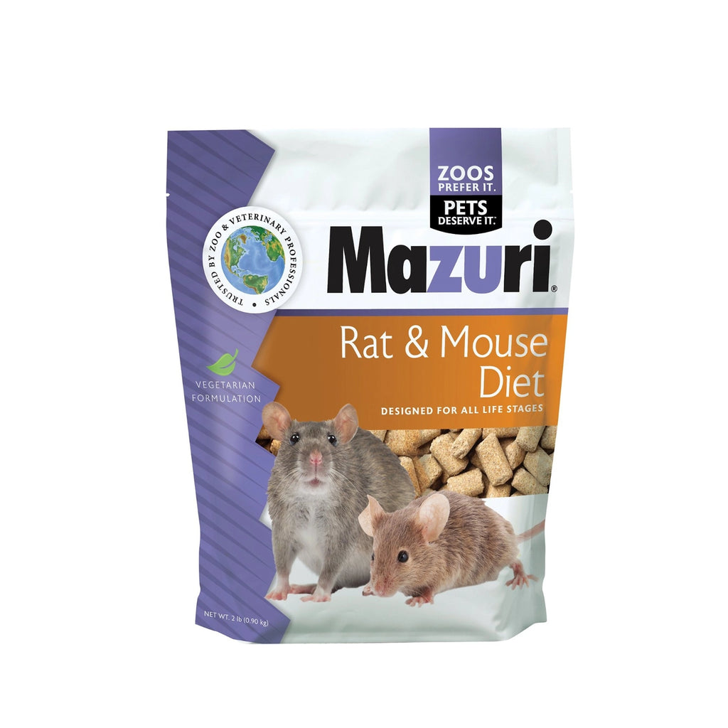 Mazuri Alimento para Ratas y Ratones "Rat & Mouse Diet", bolsa blanca y morada con pellets, una rata y un ratón.