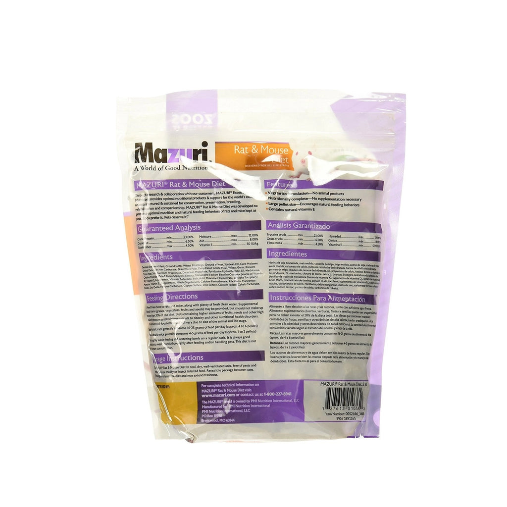 Mazuri Alimento para Ratas y Ratones "Rat & Mouse Diet", bolsa blanca y morada con pellets, una rata y un ratón.