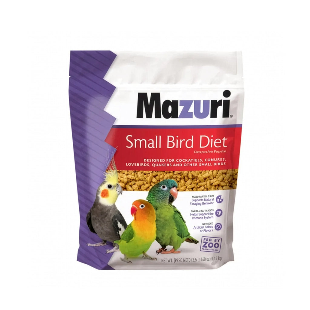 Mazuri Alimento para Aves Pequeñas "Small Bird Diet", bolsa con pellets y fotografías de tres aves pequeñas de colores.