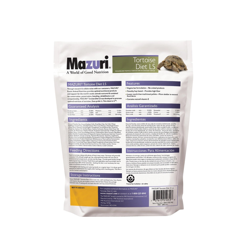 Mazuri "Tortoise Diet LS" para Tortugas Terrestres, alimento en pellets en bolsa con imágenes de distintas tortugas.