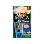 Snack Mega Churu Atún para Perros en envase de 3 tubos, premio cremoso sabor atún con imágenes de perros en el empaque.