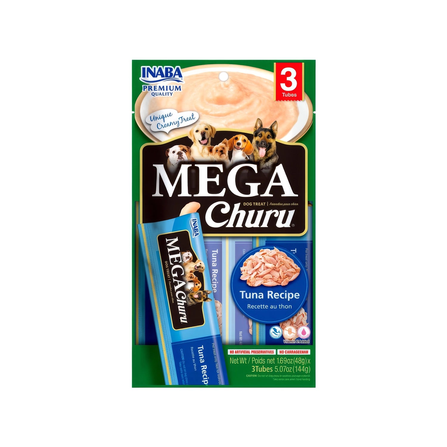 Snack Mega Churu Atún para Perros en envase de 3 tubos, premio cremoso sabor atún con imágenes de perros en el empaque.