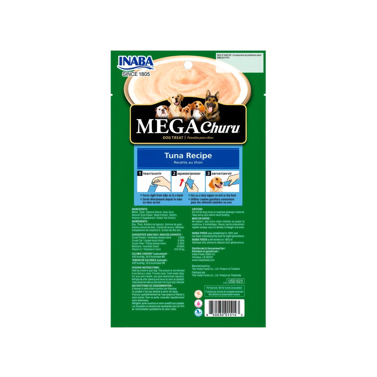 Snack Mega Churu Atún para Perros en envase de 3 tubos, premio cremoso sabor atún con imágenes de perros en el empaque.
