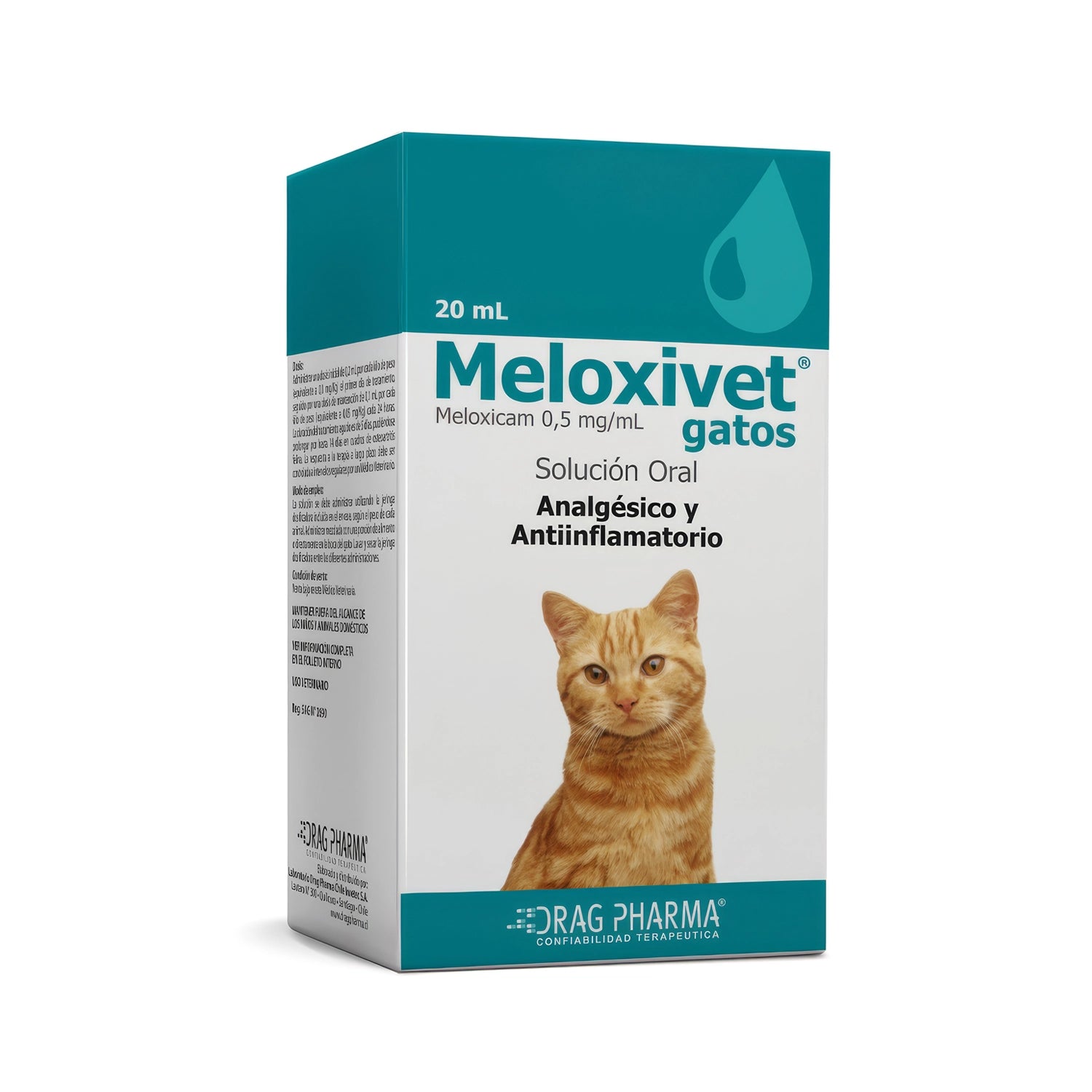 Meloxivet Gato 0,5 mg/mL en caja de 20 mL con imagen de gato naranja, solución oral analgésica y antiinflamatoria.