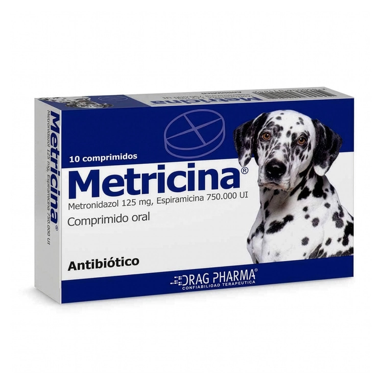 Envase de Metricina 125 mg con metronidazol y espiramicina, antibiótico veterinario oral para perros.