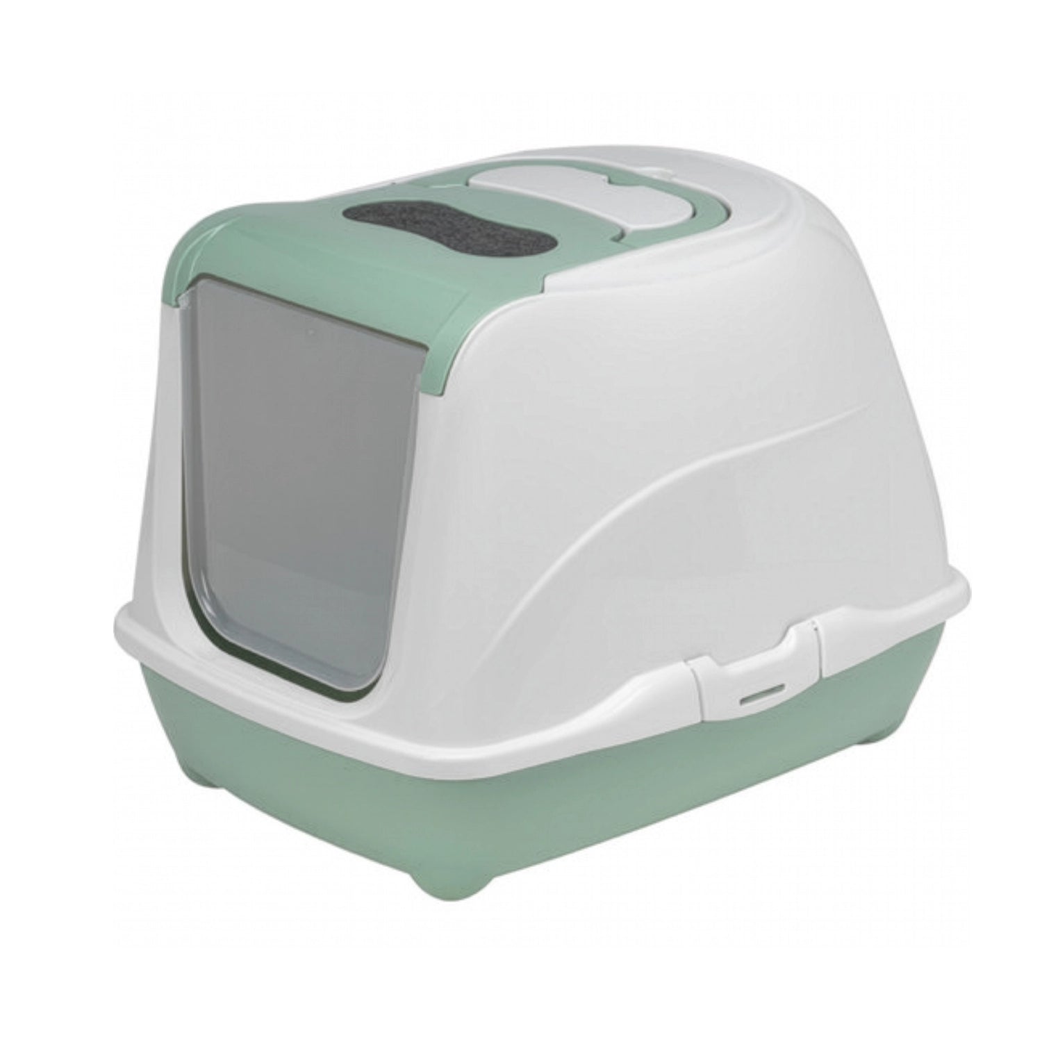 Arenero Cerrado Flip Cat Moderna color verde agua y blanco con puerta abatible, diseño cubierto para gatos y asa superior.