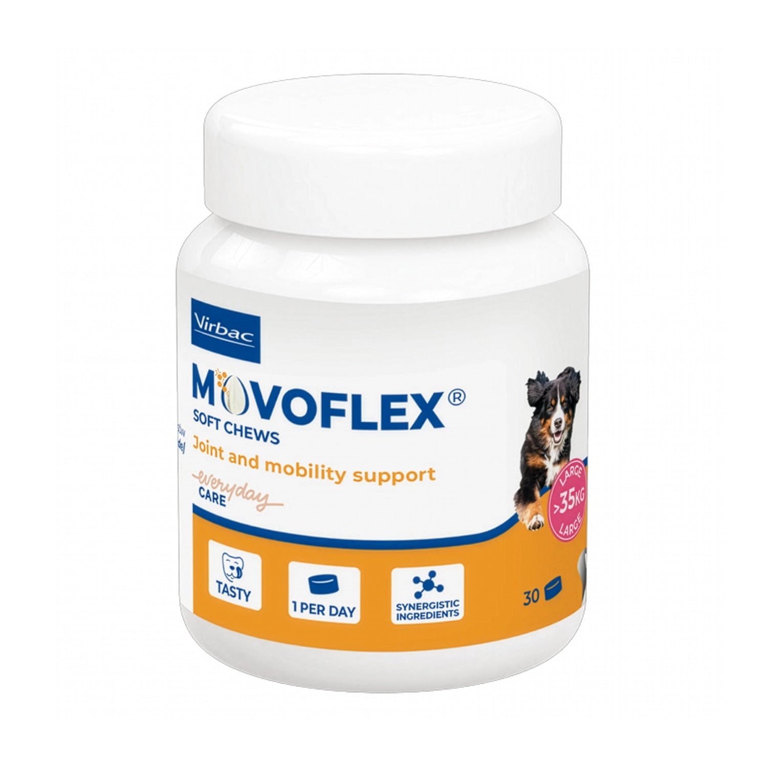 Frasco Movoflex Complemento Alimenticio para Perros Large con soporte articular y movilidad para perros grandes.