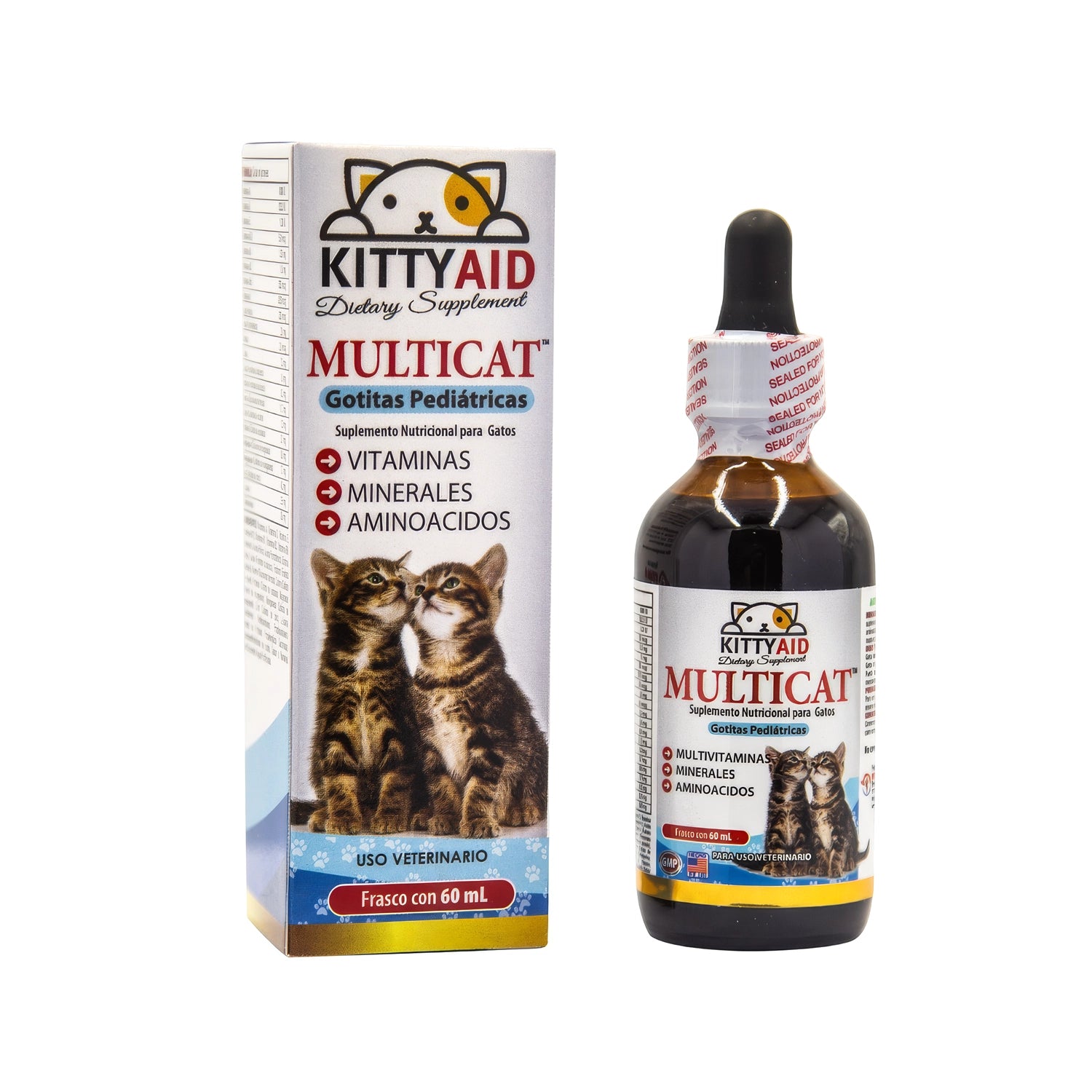 Kitty Aid Multicat 60 ml suplemento veterinario para gatos, caja y frasco con vitaminas, minerales y aminoácidos.