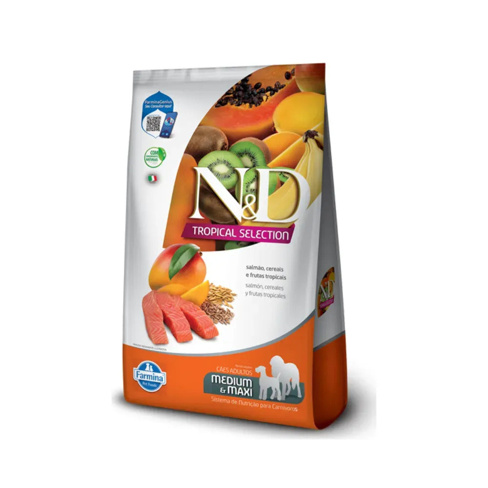 N&D Tropical Selection Salmón para Perros Medianos y Maxi en bolsa, alimento seco con salmón, cereales y frutas tropicales