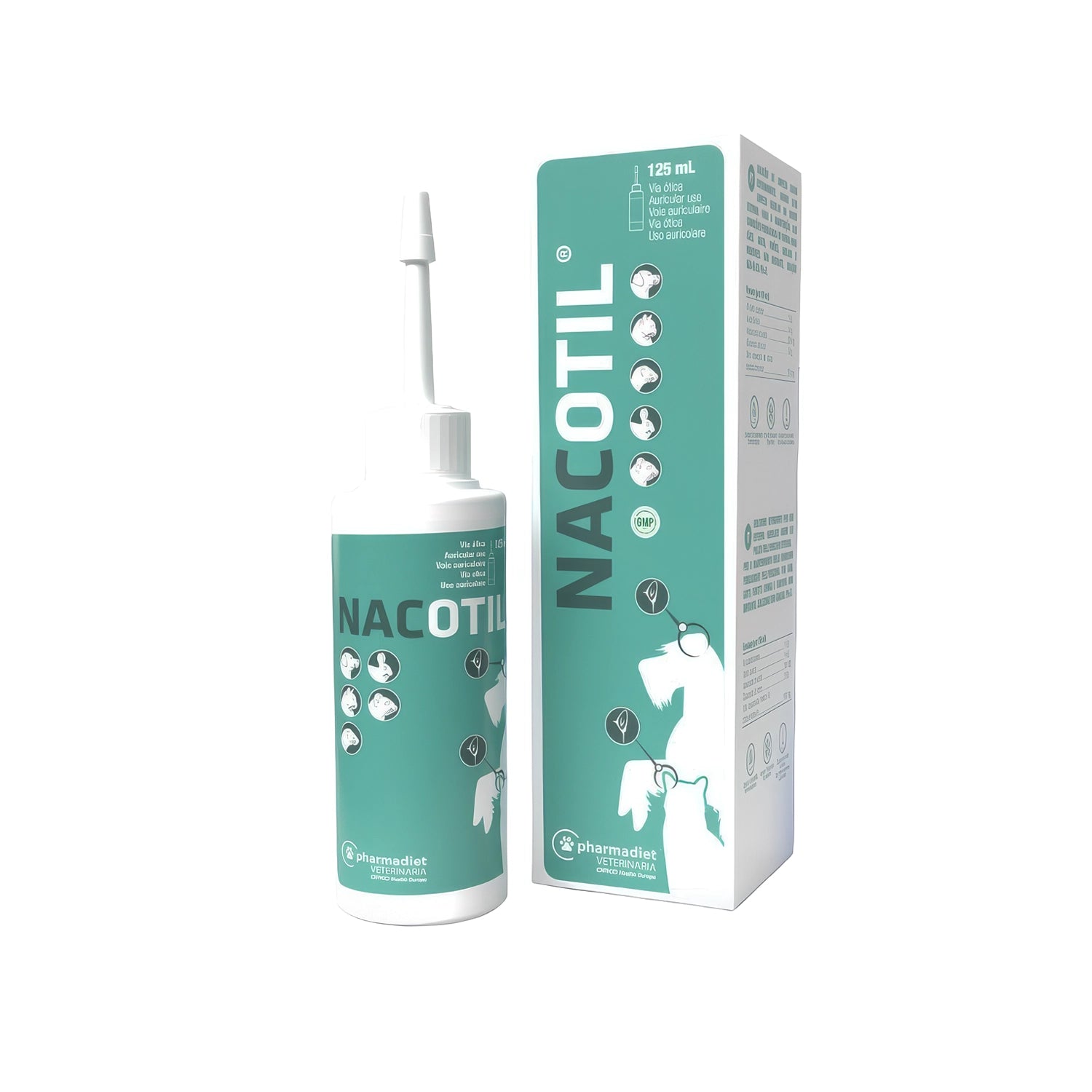 Nacotil Mascota en frasco de 125 mL con aplicador y caja, solución ótica veterinaria para perros, gatos y otras mascotas.