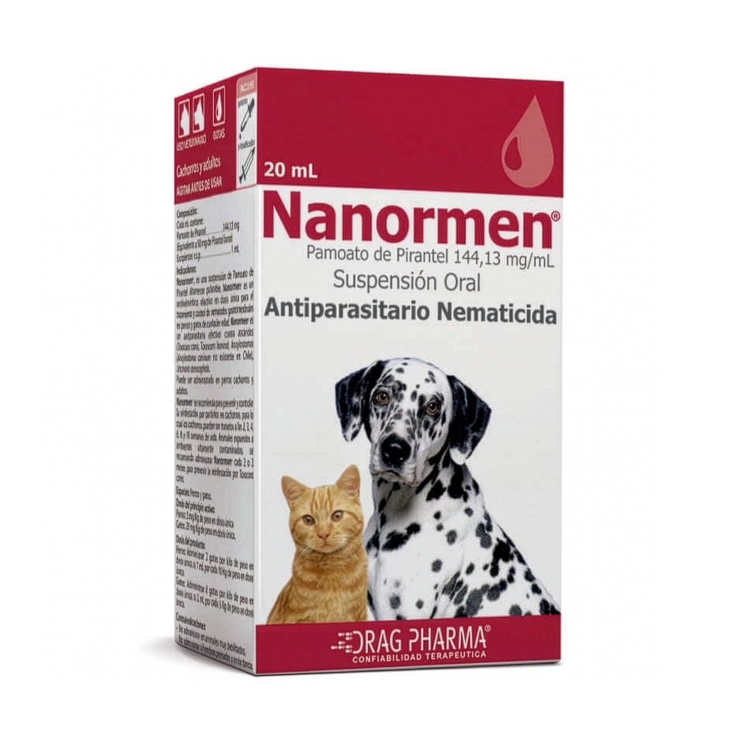 Caja de Nanormen Suspensión Oral 20 mL para mascotas, antiparasitario nematicida con diseño de perro y gato.