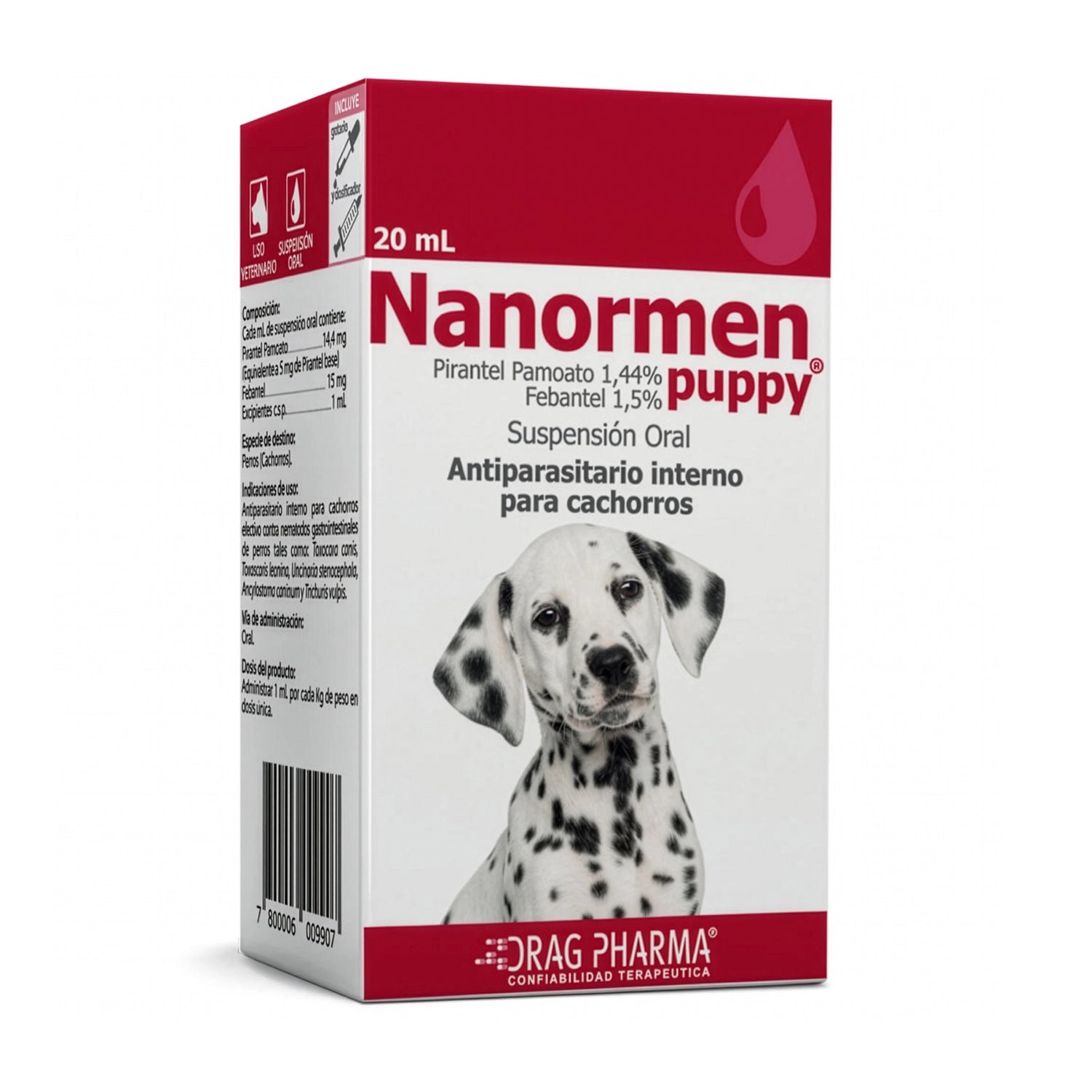 Nanormen Cachorro Suspensión oral en caja roja y blanca con imagen de cachorro dálmata para desparasitación.