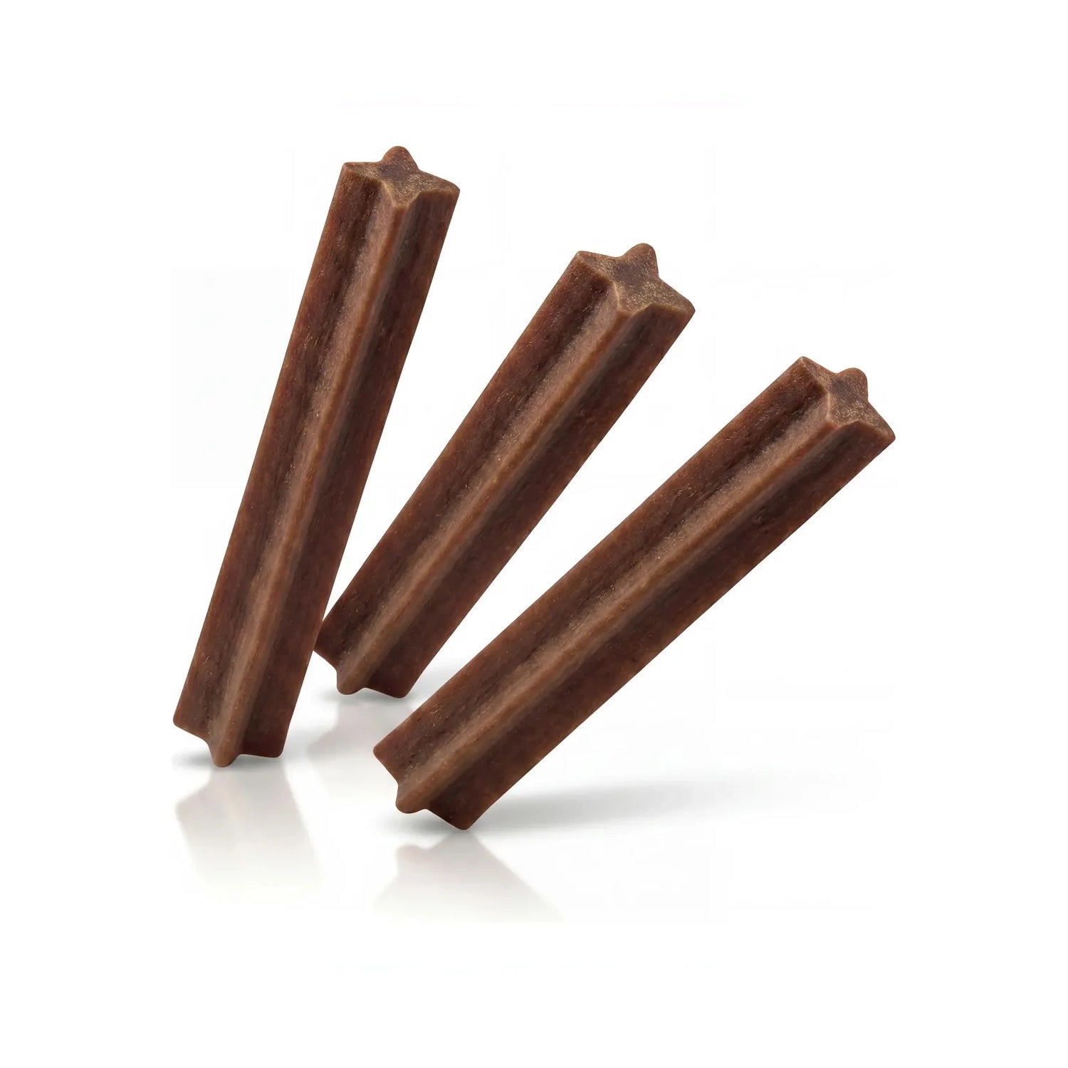 Naturalistic Dental Stick Tocino para perros, caja roja y negra con sticks dentales marrones y perro sosteniendo uno.