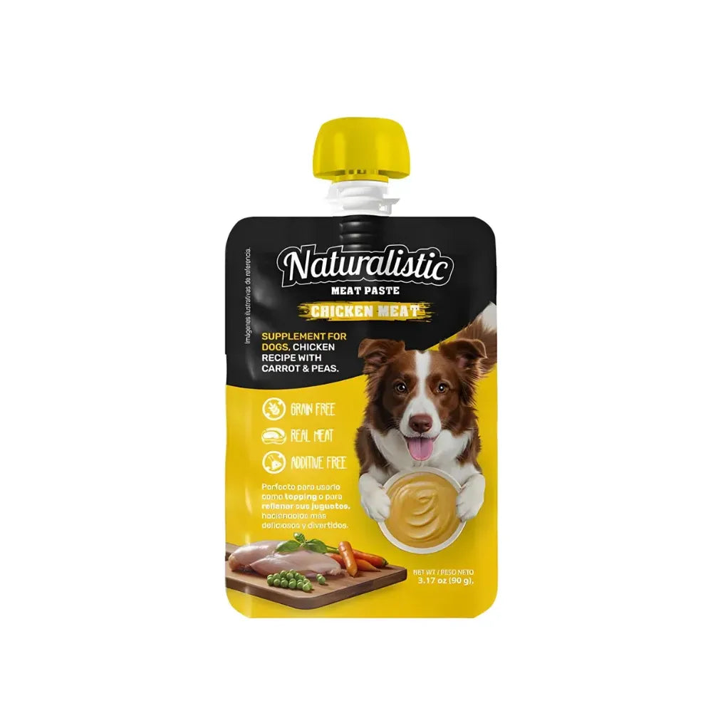 Naturalistic Meat Paste pollo, pouch con tapa amarilla, pasta de carne para perros con imagen de pollo, zanahoria y perro en etiqueta