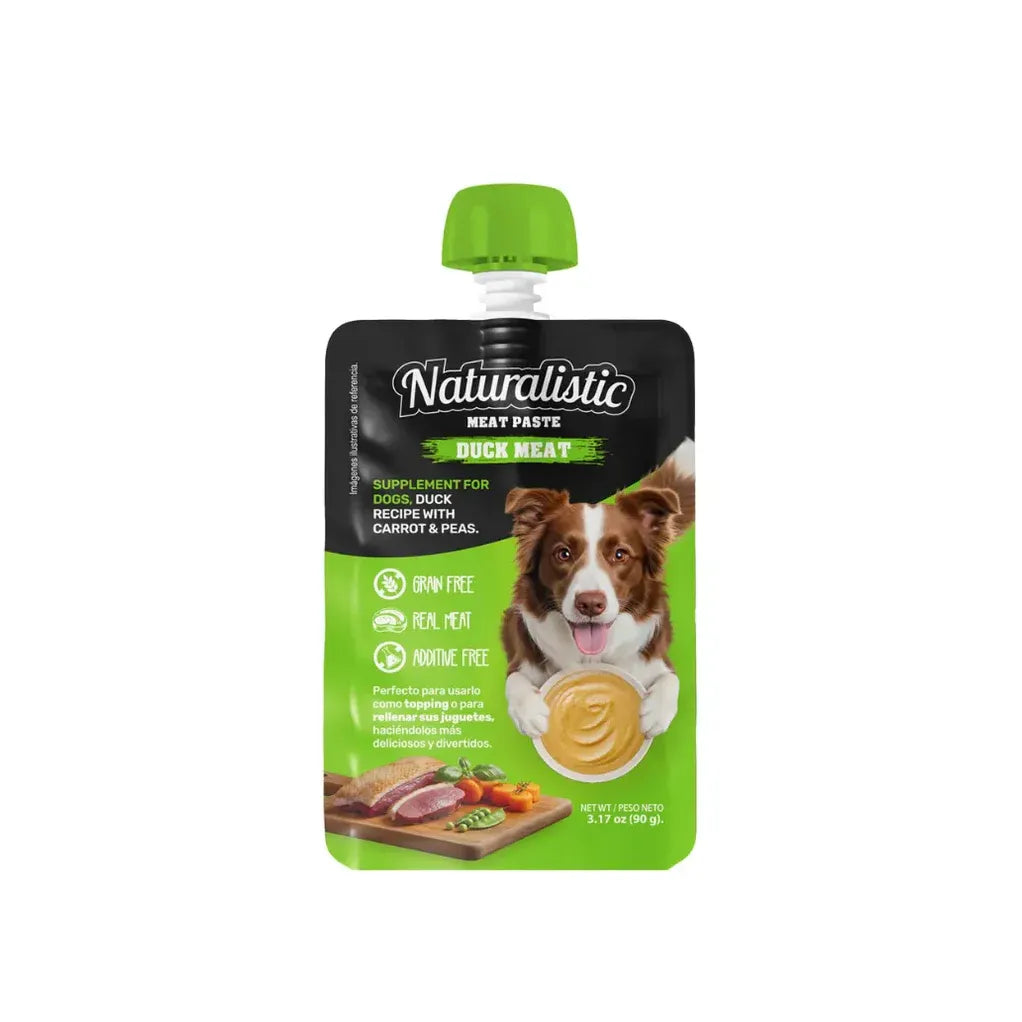 Naturalistic Meat Paste pato, pouch con tapa verde, pasta de carne para perros con pato, zanahoria y perro en etiqueta frontal
