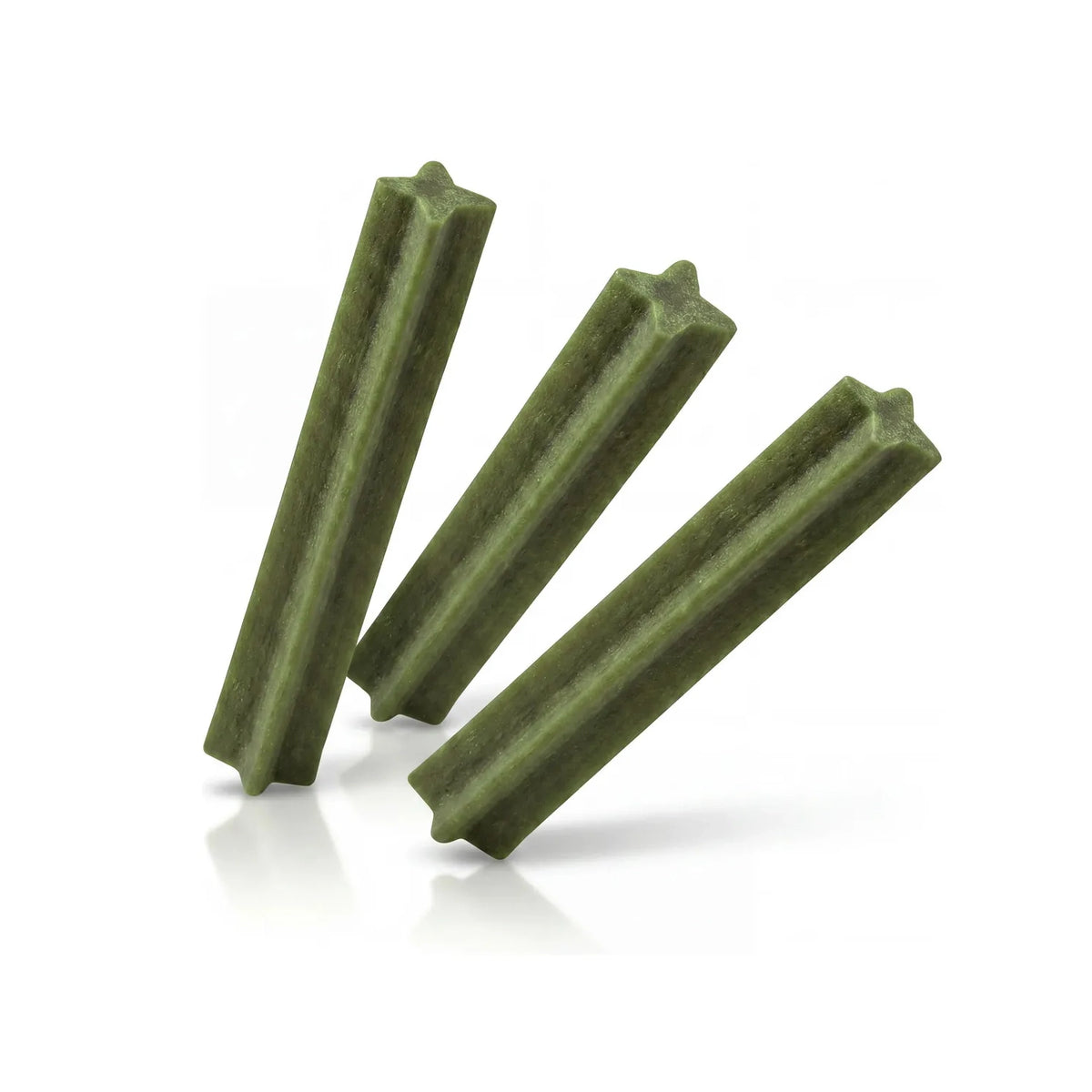 Naturalistic Dental Stick Menta para perros, caja verde y negra con sticks dentales verdes y perro blanco sosteniendo uno.