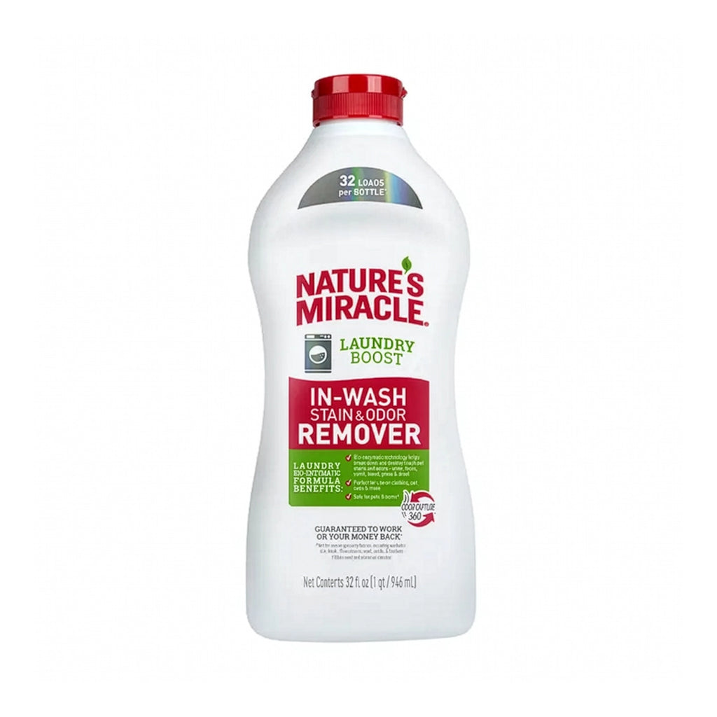 Nature's Miracle Laundry Boost Stain & Odor Additive en botella blanca con tapa roja, aditivo para eliminar manchas y olores en la ropa.