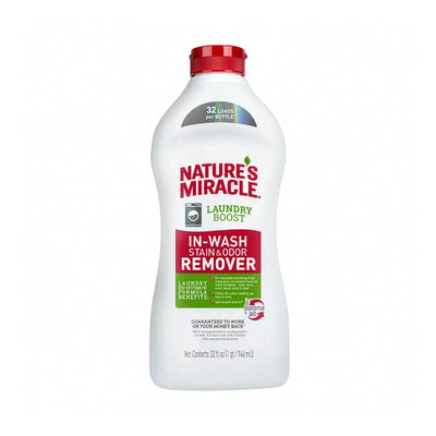 Nature's Miracle Laundry Boost Stain & Odor Additive en botella blanca con tapa roja, aditivo para eliminar manchas y olores en la ropa.