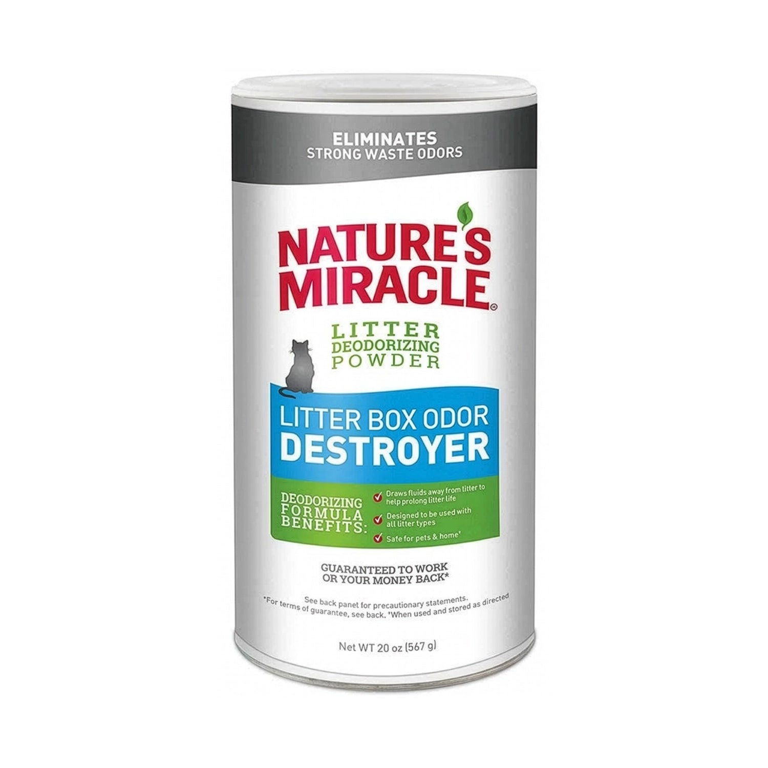 Nature's Miracle Litter Box Odor Destroyer en envase con polvo desodorizante para areneros, ayuda a eliminar olores fuertes de la caja de arena.