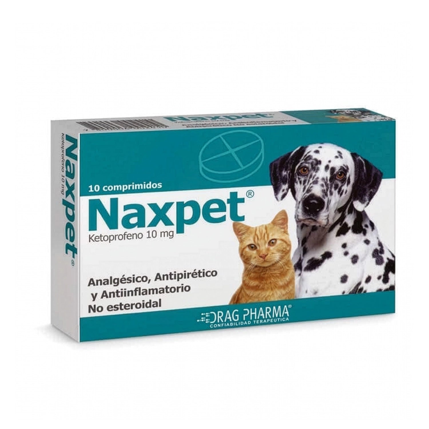 Presentación de Naxpet 10 mg Drag Pharma, analgésico y antiinflamatorio para mascotas en caja de 10 comprimidos.