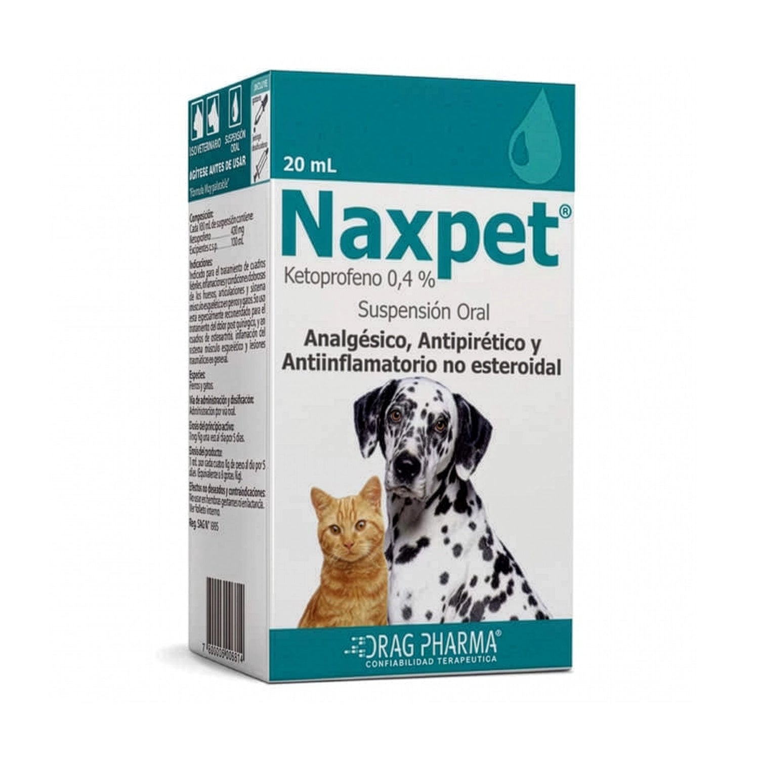 Naxpet Solución Oral 20 mL para perros y gatos en envase veterinario con diseño de perro y gato en portada.