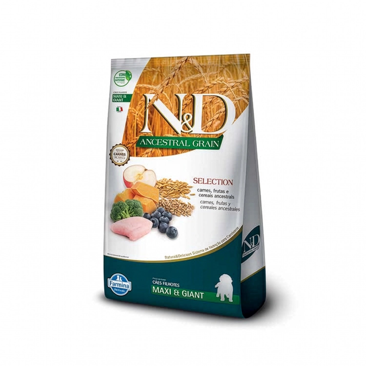 N&D Grano Ancestral Selection para Cachorros Maxi & Giant, alimento con cereales ancestrales, frutas y pollo.