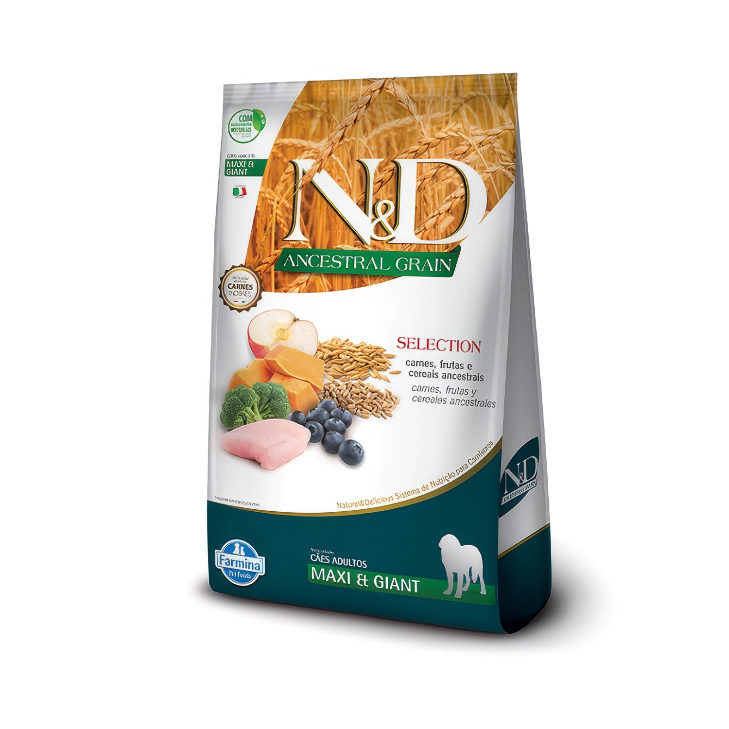 N&D Grano Ancestral Selection para Perros Maxi & Giant en bolsa de alimento seco con cereales ancestrales, frutas y vegetales.