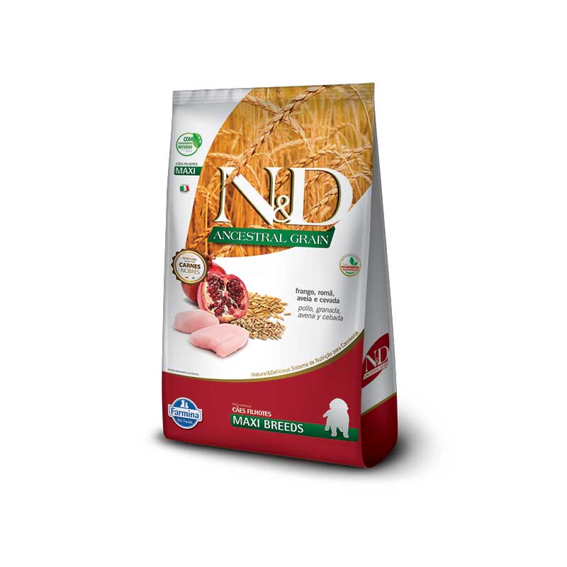 N&D Grano Ancestral Pollo para Cachorros Maxi & Giant en bolsa, alimento seco con pollo, granada y cereales para razas grandes