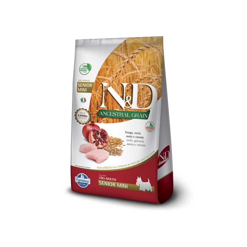 N&D Grano Ancestral Pollo para Perros Senior Pequeños y Mini en bolsa, alimento seco con pollo, granada y cereales para perros mayores