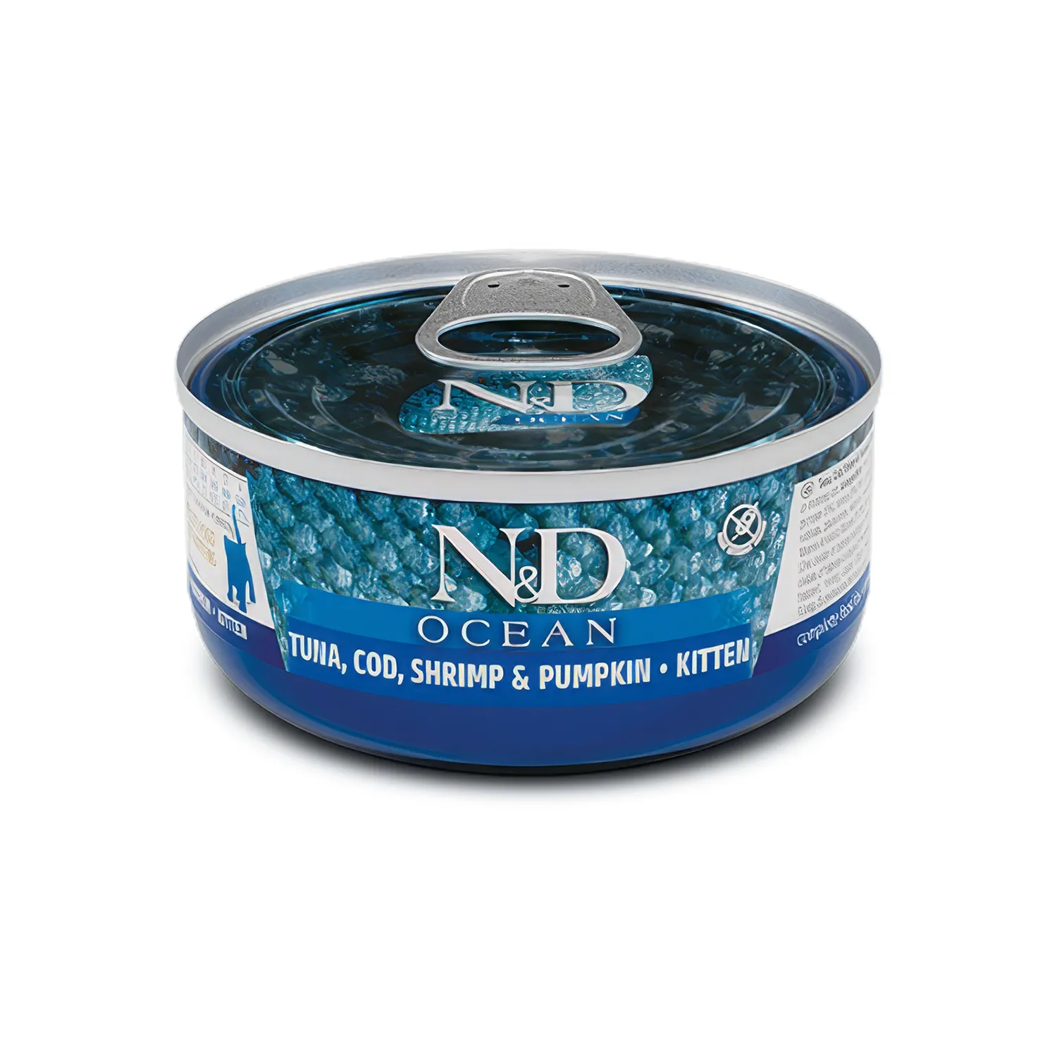 N&D Ocean Lata Atún, Bacalao, Camarón y Calabaza para Gatitos, lata metálica con etiqueta azul marino y sistema pull-tab visible
