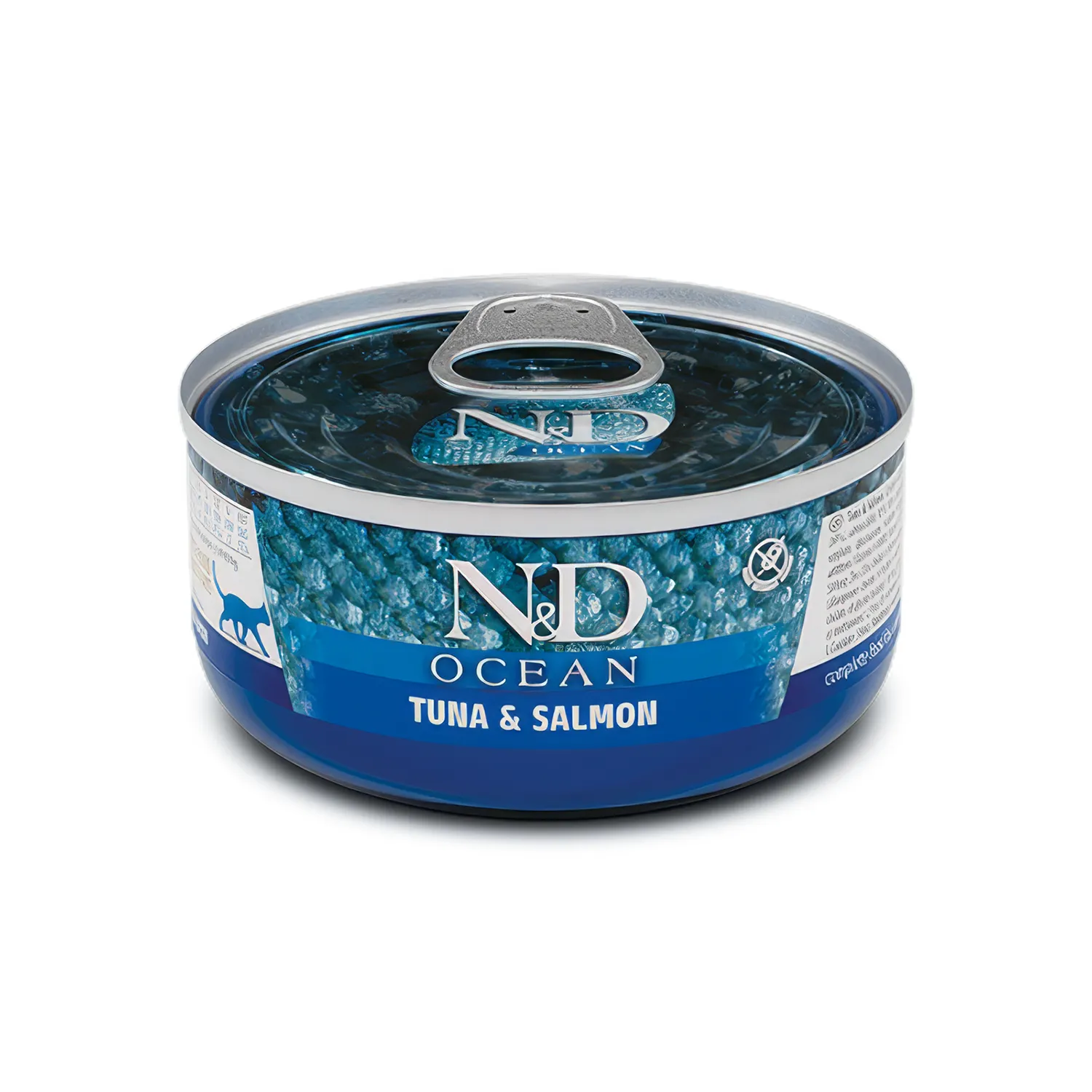 N&D Ocean Lata Atún y Salmón para Gatos en envase metálico azul, alimento húmedo con tapa abre fácil y diseño marino