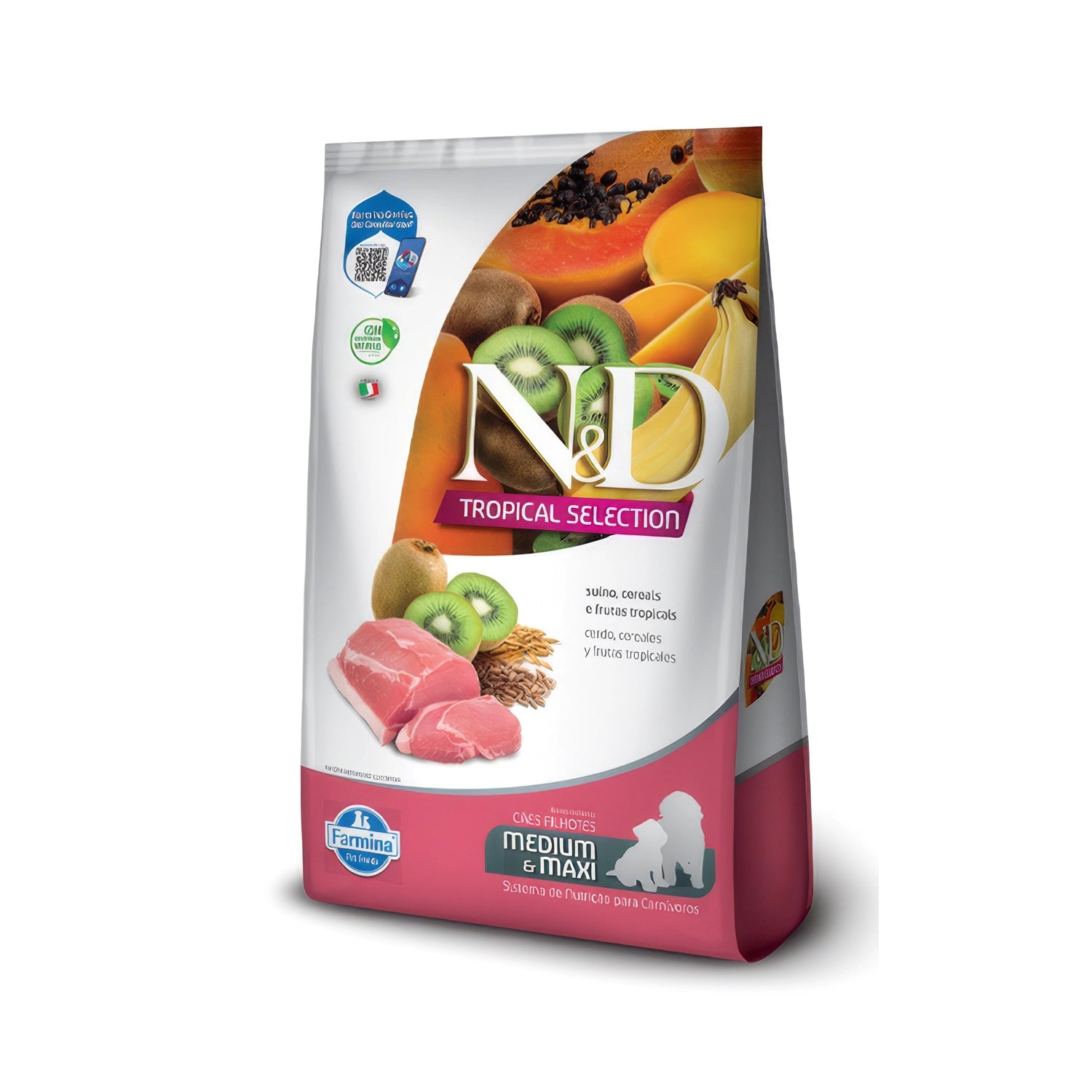 N&D Tropical Selection Cerdo para Cachorros Medianos y Maxi en bolsa de alimento seco con cerdo y frutas tropicales.