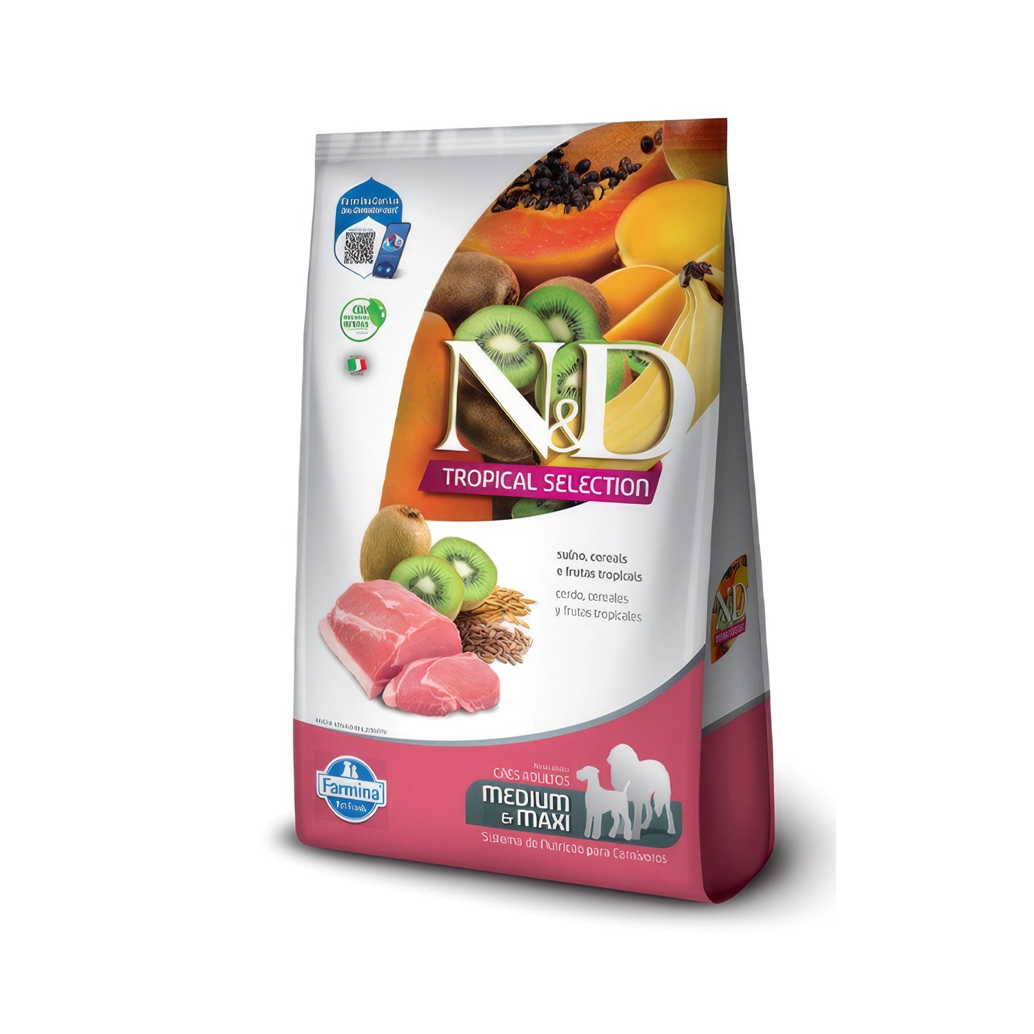 N&D Tropical Selection Cerdo para Perros Medianos y Maxi en bolsa de alimento seco con cerdo, kiwi, banana y papaya.