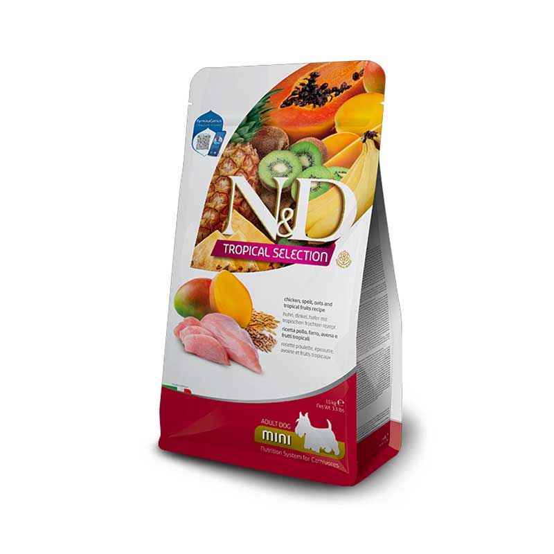 N&D Tropical Selection Pollo para Perros Pequeños y Mini 2,5 Kg con diseño de frutas tropicales y pollo, alimento para razas pequeñas