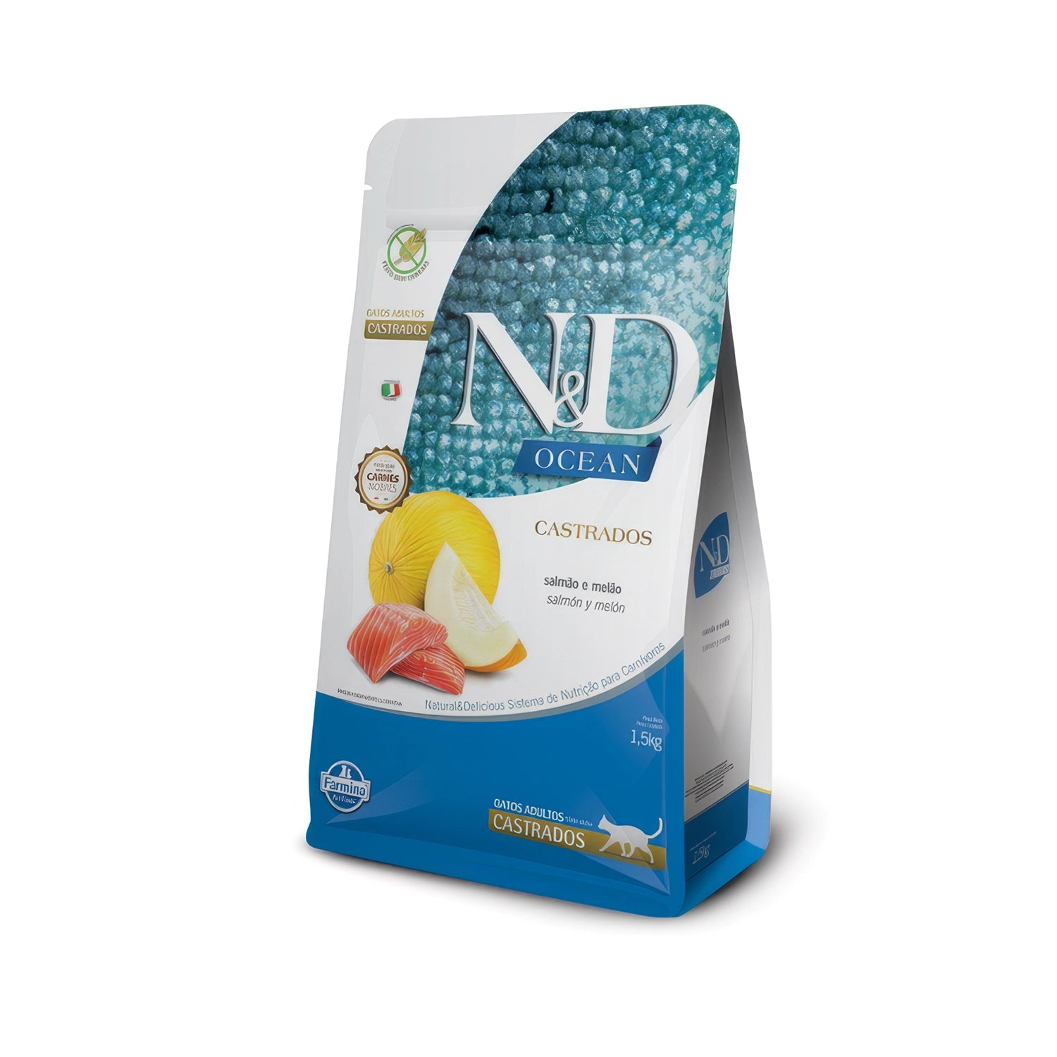 N&D Ocean Salmón y Melón para Gatos Castrados en saco de alimento seco premium, con ilustración de salmón y melón.