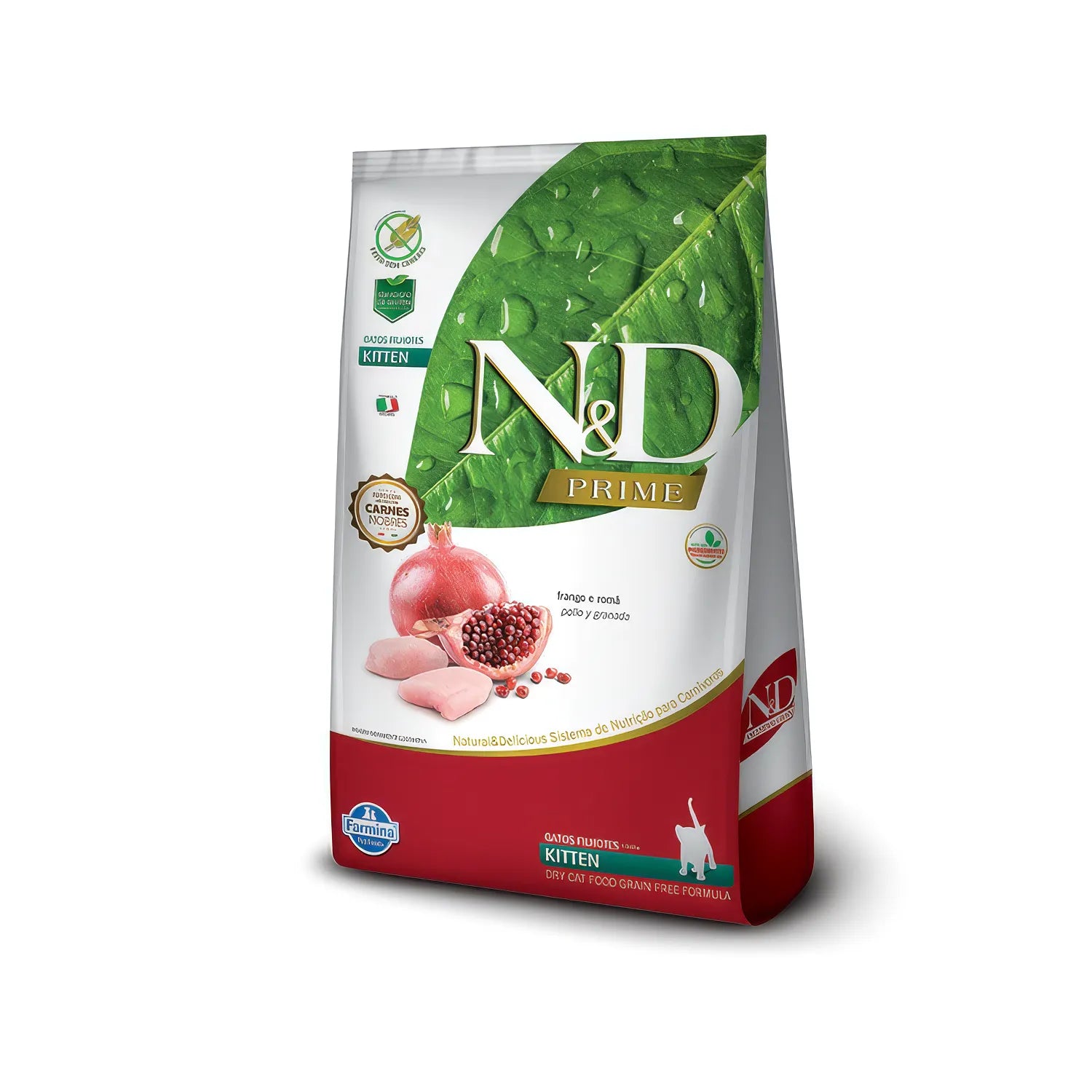 N&D Prime Pollo y Granada para Gatitos, alimento seco en saco con diseño blanco, hoja verde y granada, ideal para gatos pequeños