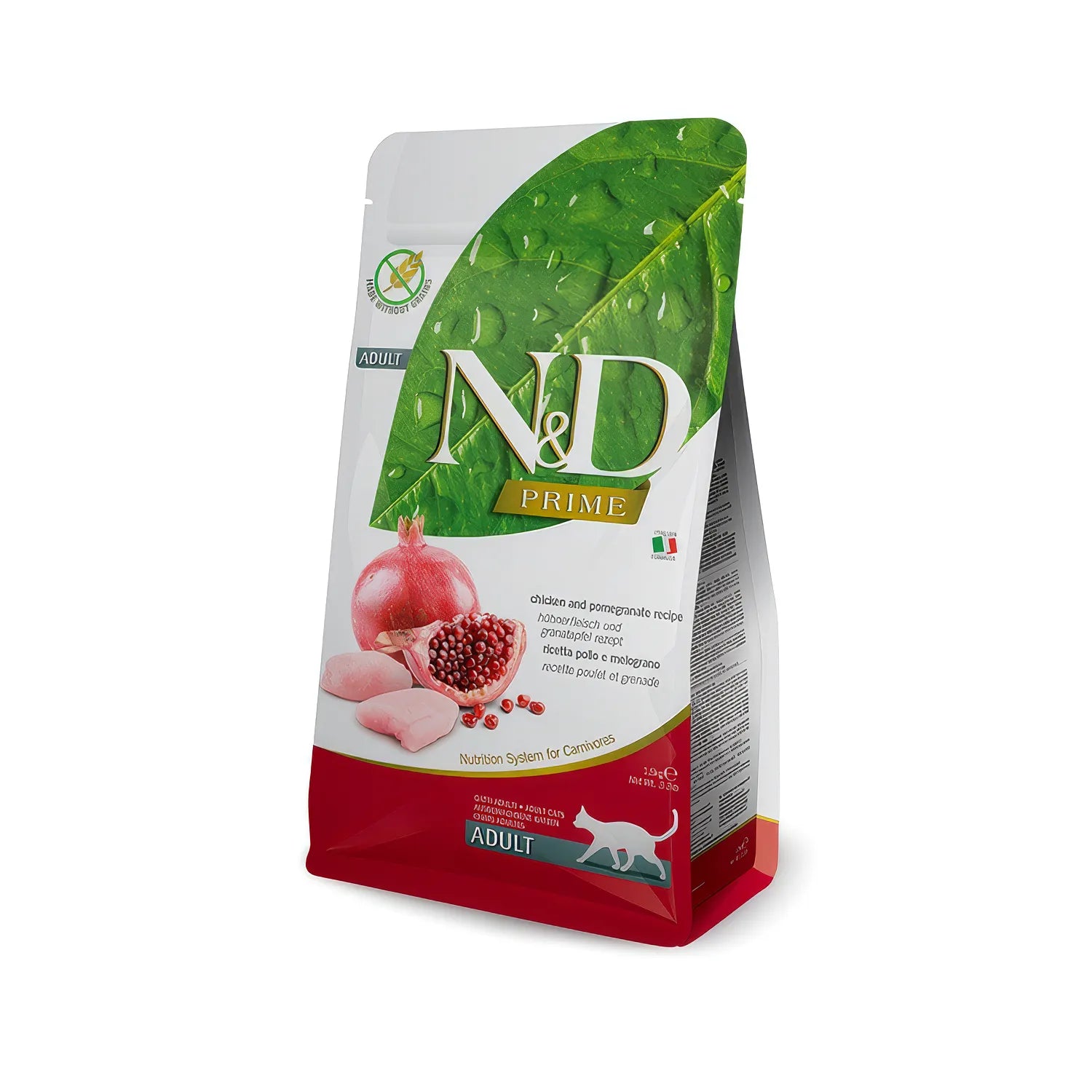 N&D Prime Pollo y Granada para Gatos con diseño de hoja verde, pollo crudo y granada en bolsa de alimento para gatos adultos