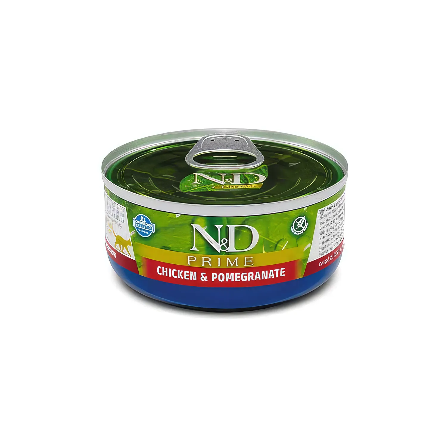 N&D Prime Lata Pollo y Granada para Gatos, alimento húmedo en lata redonda con etiqueta colorida y sistema de apertura fácil