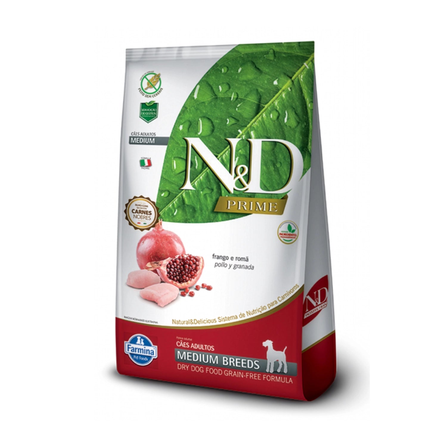 N&D Prime Pollo y Granada para Perros Razas Medianas, saco de alimento seco con diseño blanco, hoja verde y granada visible