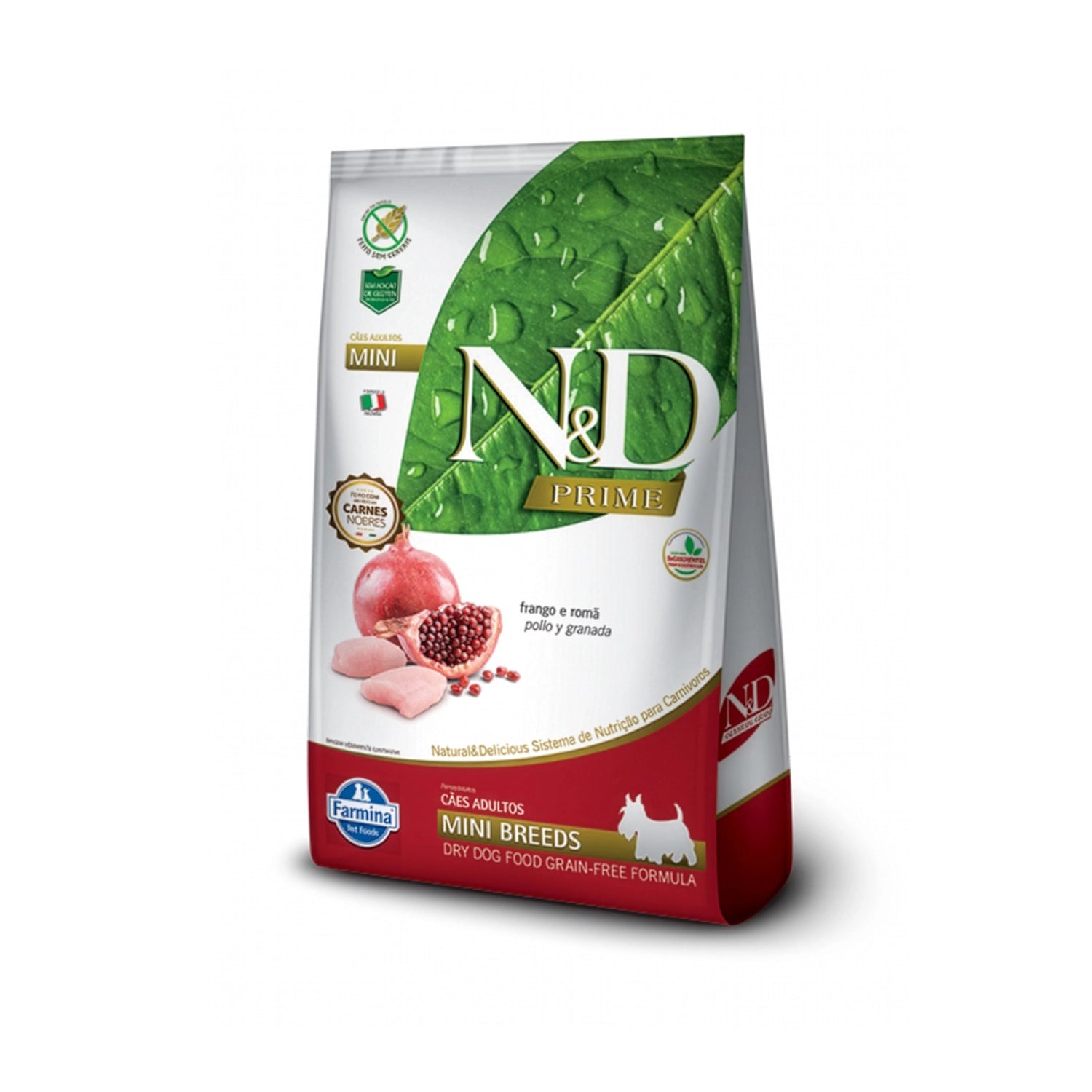 N&D Prime Pollo y Granada para Perros Razas Pequeñas con diseño de hoja verde, pollo y granada en empaque para perros pequeños