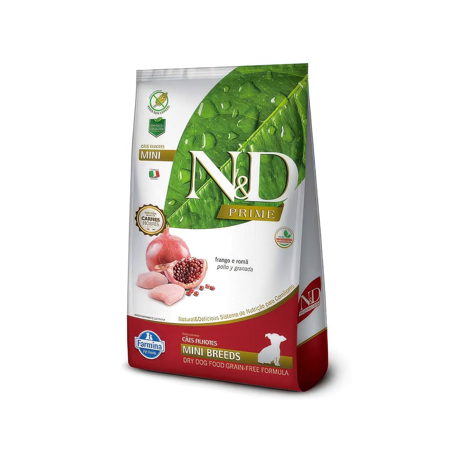 N&D Prime Pollo y Granada para Cachorros Razas Pequeñas en saco de alimento seco, con imagen de granada y pollo.