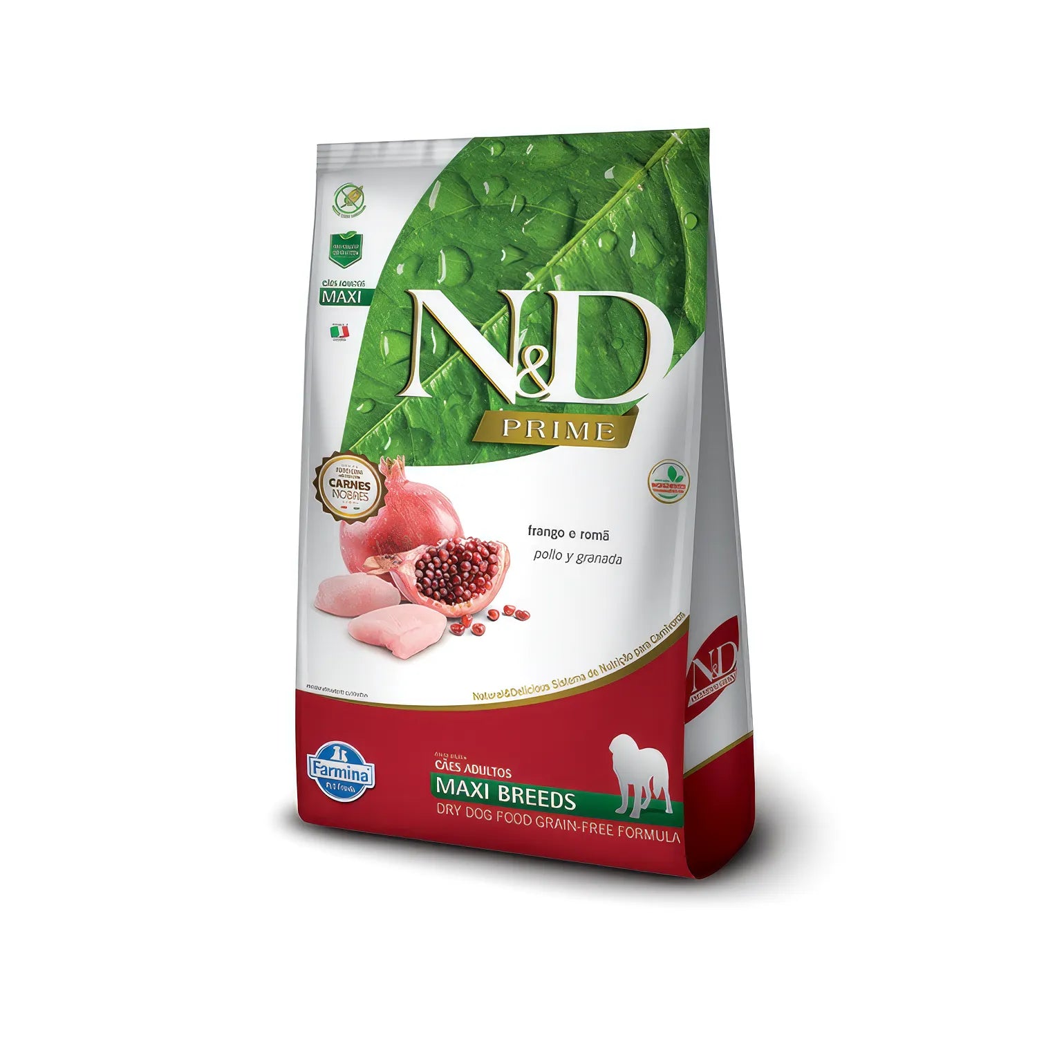 N&D Prime Pollo y Granada para Perros Razas Grandes Maxi, saco de alimento seco con diseño blanco, hoja verde y granada visible