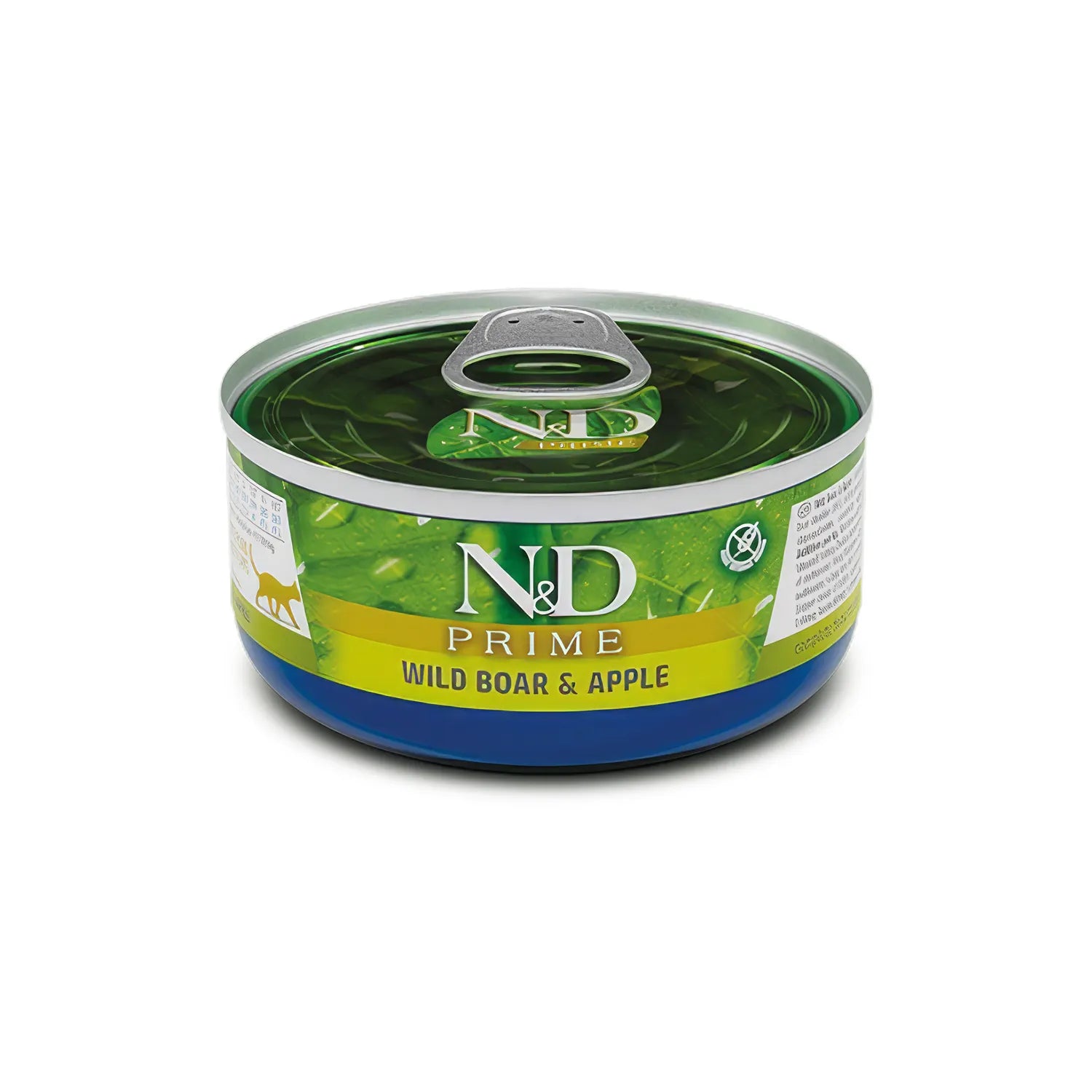 N&D Prime Lata Jabalí y Manzana para Gatos en formato húmedo, lata metálica con etiqueta verde y texto wild boar & apple