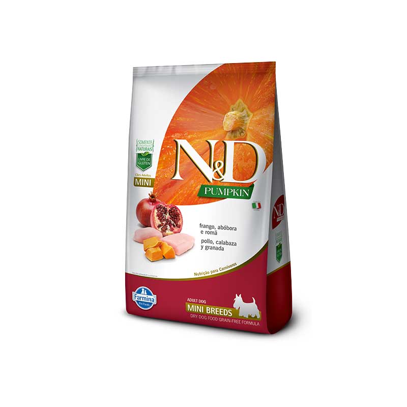 N&D Pumpkin Pollo, Calabaza y Granada para Perros Razas Pequeñas y Mini con diseño naranja, ingredientes pollo y granada