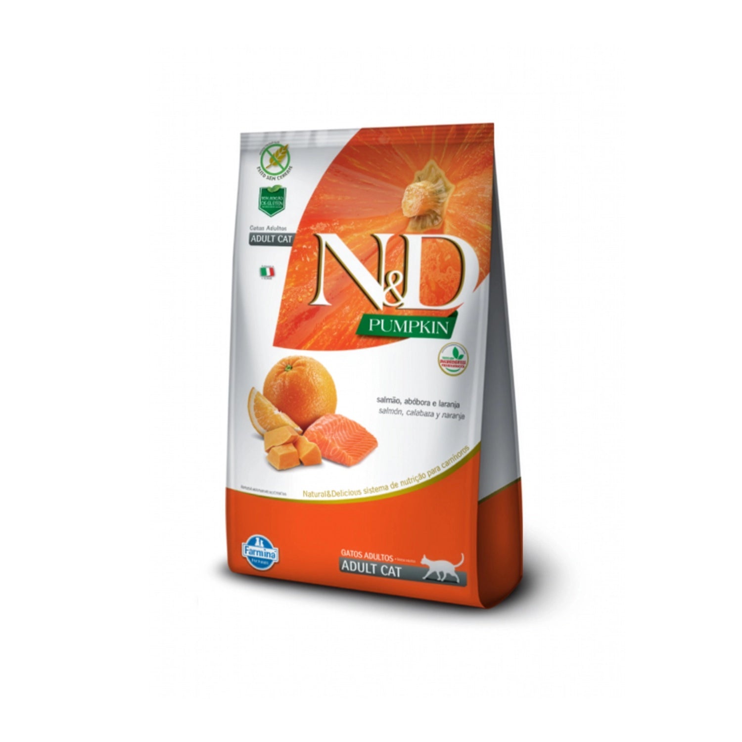 N&D Pumpkin Salmón, Calabaza y Naranja para Gatos en bolsa, alimento seco con salmón, calabaza y cítricos