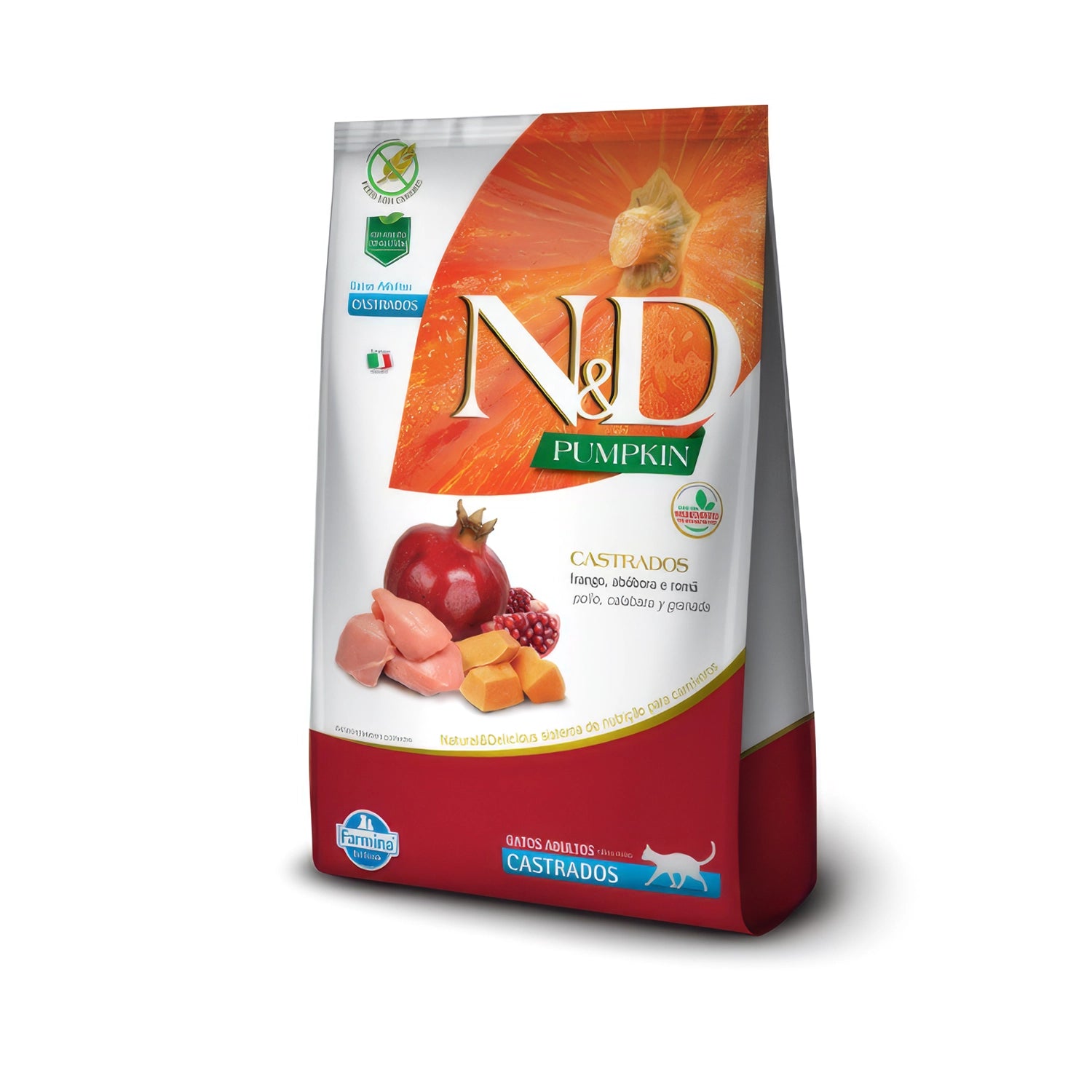 N&D Pumpkin Pollo, Calabaza y Granada para Gatos Castrados en bolsa de alimento seco premium con ingredientes visibles en el envase.