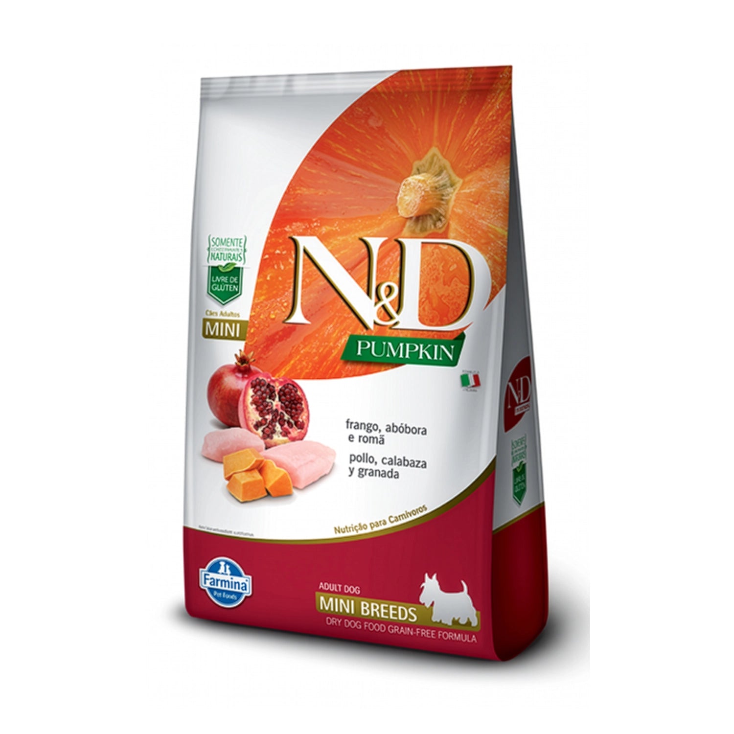 N&D Pumpkin Pollo, Calabaza y Granada para Perros Razas Pequeñas y Mini con diseño naranja, ingredientes pollo y granada