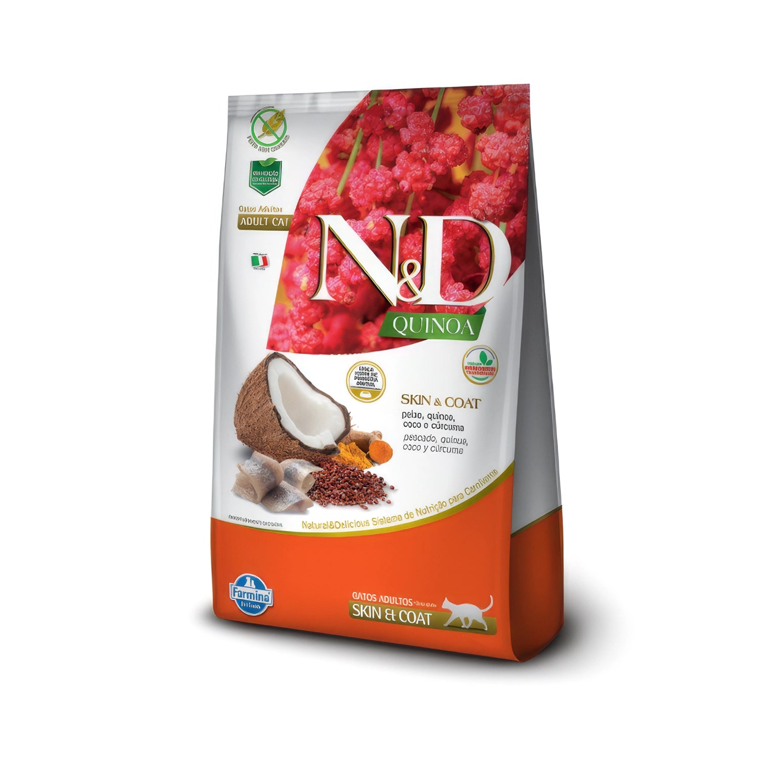 N&D Quinoa Skin & Coat Pescado para Gatos en bolsa de alimento seco, con quinoa, coco y cúrcuma ilustrados en el envase.