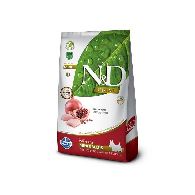 N&D Prime Pollo y Granada para Perros Razas Pequeñas con diseño de hoja verde, pollo y granada en empaque para perros pequeños
