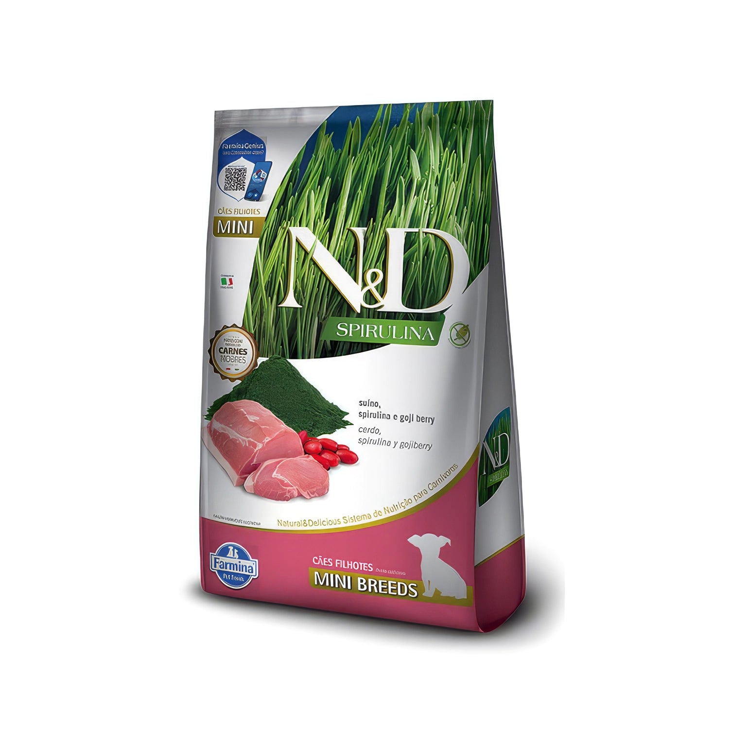 N&D Espirulina Cerdo para Cachorros Razas Pequeñas en saco de alimento seco, con espirulina, goji y carne de cerdo.